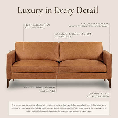 Poly & BARK Mateo 82” Sofa – Cognac Tan Full-Grain Pure-Aniline Italian Leather, Feather-Down Cushions, Solid Wood Frame & Walnut Legs