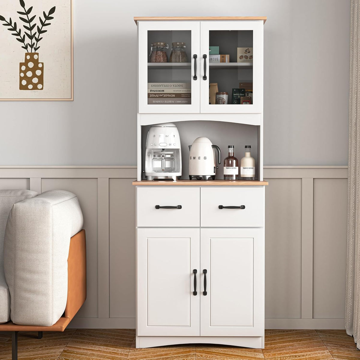 Wooden Kitchen Pantry Cabinet with Framed Glass Doors & Drawer – Microwave Storage Hutch with Adjustable Shelves & Anti-Topple Design