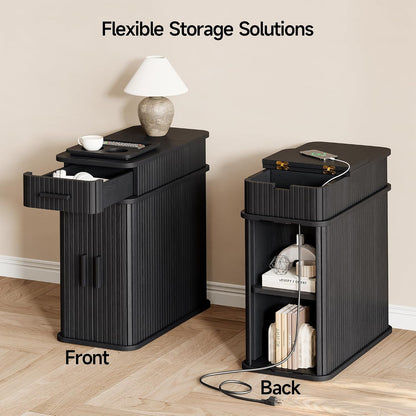 ONBRILL Fluted End Table, Narrow Side Table, 23.62" H, Black
