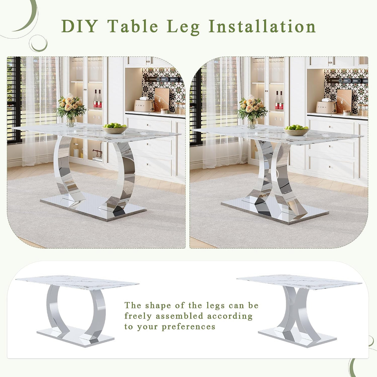 Modern Dining Table Set for 6,63'' Dining Room Table Set for 6 with Chairs,Rectangular Kitchen Table with Faux Marble Tabletop and DIY Chrome Legs,Glass Dining Table Set Ideal for Dining Room