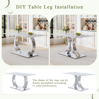 Modern Dining Table Set for 6,63'' Dining Room Table Set for 6 with Chairs,Rectangular Kitchen Table with Faux Marble Tabletop and DIY Chrome Legs,Glass Dining Table Set Ideal for Dining Room