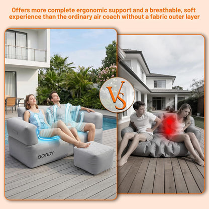 Inflatable Couch Loveseat with Footstool, Camping Couch with Detachable Built-in Pump, Inflatable Sofa with Breathable, Puncture-Resistant Fabric Texture Cover, Camping, Beach, Backyard Party