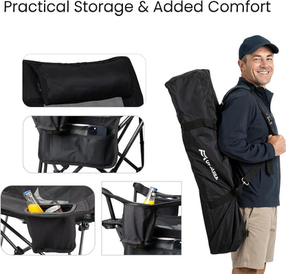 Portable Reclining Camping/Lounge Chair for Outdoor (1, Black) | Soft Cushion, 4-Position Backrest, Removable Footrest, Cup Holder & Versatile Carry Bag