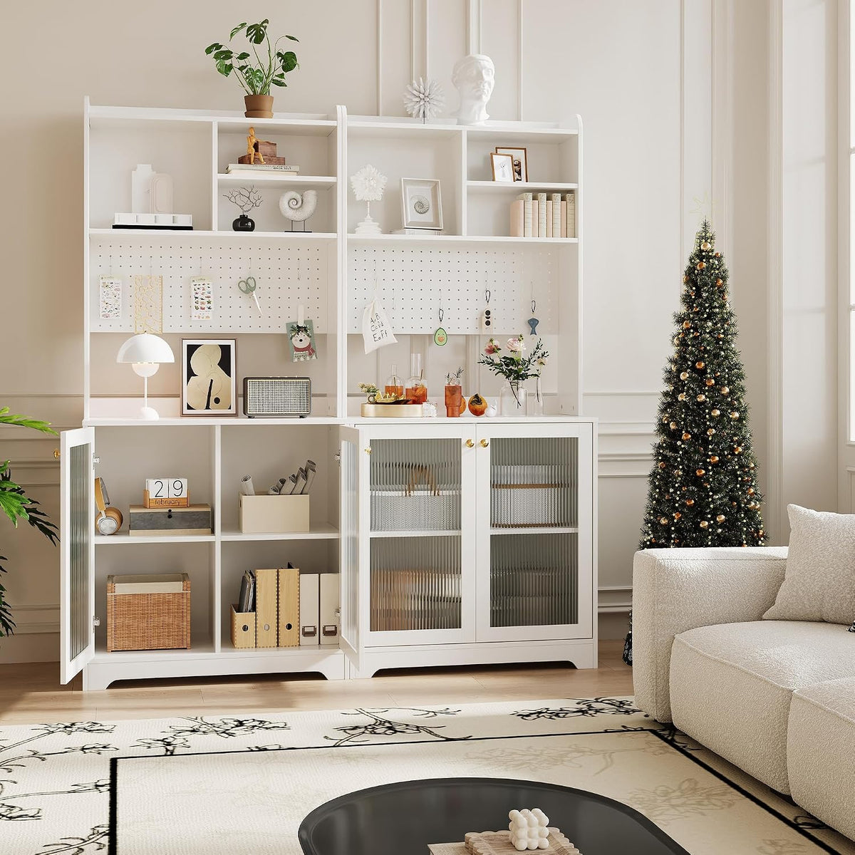 71" Tall Pantry Cabinet with 2 Glass Doors, Freestanding Kitchen Storage Cabinet with Open Storage & Adjustable Shelves, Modern Farmhouse Cupboard Coffee Bar for Dining Room, Living Room, White