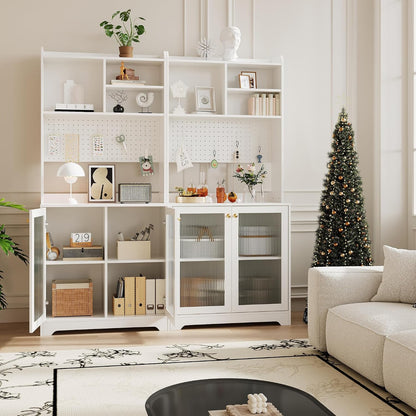 71" Tall Pantry Cabinet with 2 Glass Doors, Freestanding Kitchen Storage Cabinet with Open Storage & Adjustable Shelves, Modern Farmhouse Cupboard Coffee Bar for Dining Room, Living Room, White