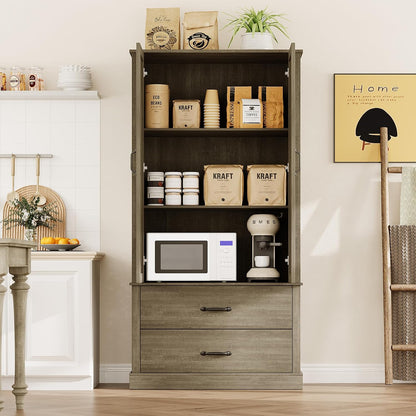 Farmhouse Kitchen Pantry Cabinet with Classic Barn Doors – Freestanding Storage Cabinet with Adjustable Shelves & 2 Large Drawers, Versatile Kitchen Cupboard for Dining Room, Grey