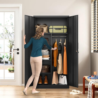 Metal Wardrobe Cabinet with Lock,72" Armoire Closet with Hanging Rod,Lockable Storage Locker,Black Storage Cabinet with Locking Doors,Garage Closet,Steel Wardrobe for Home,Bedroom,Office,Employee,Shop