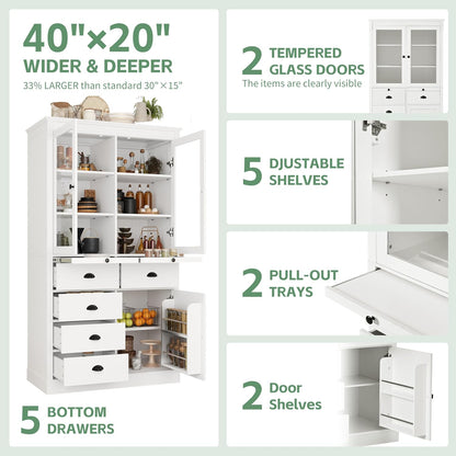 Vintage 72" Freestanding Kitchen Pantry with Glass Doors, Coffee Bar Station, Adjustable Shelves & Serving Trays for Dining & Living Room (White20)