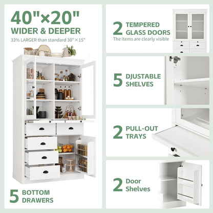 72" H Kitchen Pantry with Glass Doors, Wooden Freestanding Display Storage Cabinet with 5 Drawers and Serving Trays, Large Cupboard with Adjustable Shelves for Kitchen, Dining Room, White
