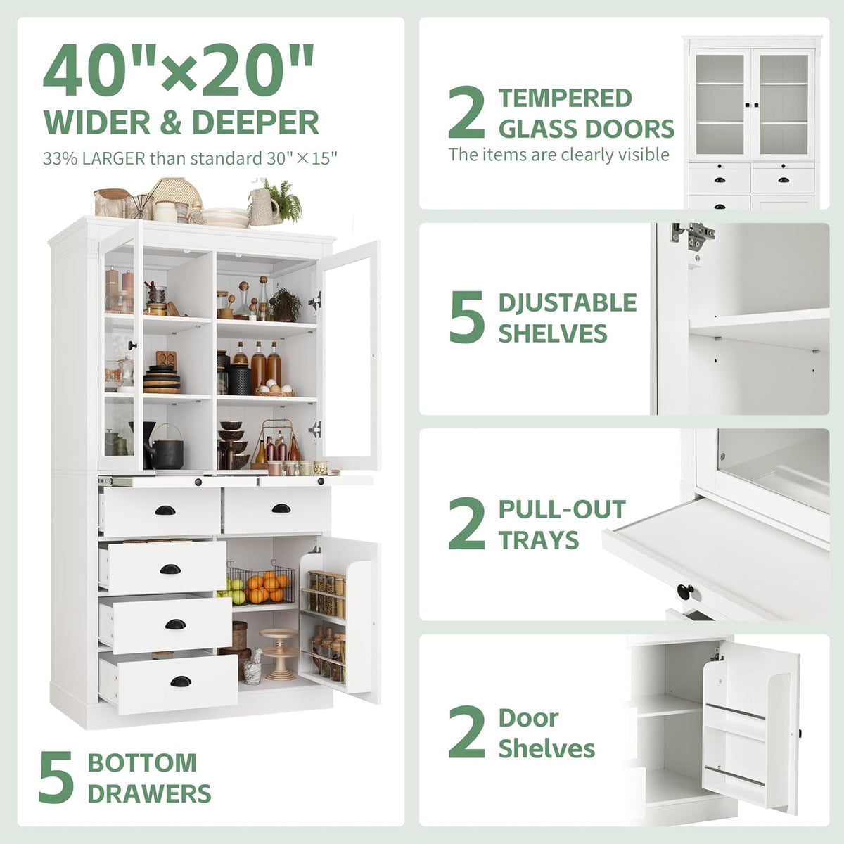 Polibi Large 72" H x 40" W Kitchen Pantry Cabinet Freestanding Storage with Glass Doors, Adjustable Shelves & Drawers, Serving Trays for Coffee Bar or Dining Room, White