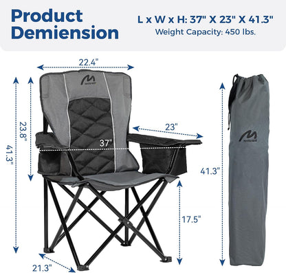 Oversized Padded Camping Chair, Heavy Duty Steel Frame, 450 lb Capacity, Folding Camp Chair with 6-Can Cooler, Carry Bag for Outdoor Camping, Beach, Hiking(Gray & Black)