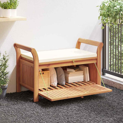 Gecheer Garden Storage Bench with Cushion, Solid Wood Acacia 126 cm Outdoor Seat with Storage Space for Patio Garden Backyard