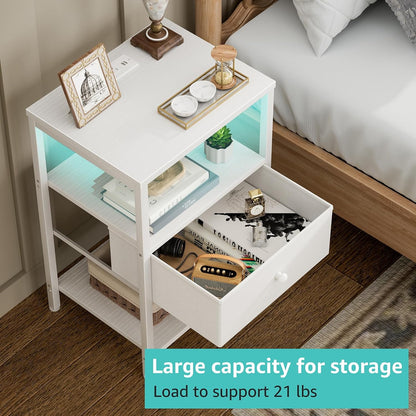 BOLUO White Nightstand with Charging Station, LED Night Stand with Fabric Drawers and Shelf, Bedside Table with USB Ports and Outlets, Bedroom Nightstand Modern