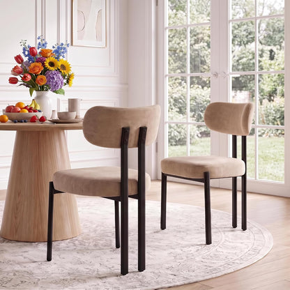 Ya-Home Modern Dining Chairs Set of 2, Chenille Kitchen Chairs, Khaki | Curved Back Upholstered Chairs With Black Metal Legs, Armless Dining Room Chairs Guest Chairs for Restaurant/Home Kitchen