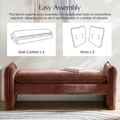 HULALA HOME 57.5" Modern Chenille Upholstered Bench, End of Bed Bench with Thick Padded Seat, Plush Cushion Bedroom Bench for Bedroom, Living Room, Rust