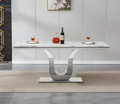SSLine Modern White Marble Dining Table for 6-8 Rectangle 68" Faux Marble Kitchen Table for 6 Luxury Dining Room Tables with Silver Mirrored Stainless Steel U-Shape Pedestal Base for Home Office