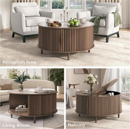 JOINICE,Round Coffee Table with Storage, 31.5" Fluted Center Table for Living Room, Modern Walnut Wood Circle Drum Table with Sliding Cabinet Door, Mid Century Furniture for Small Space
