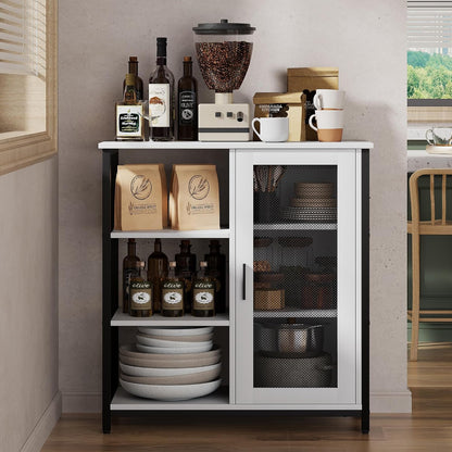 LVSOMT Coffee Bar Cabinet with Adjustable Shelves and Door, Rustic White | 27.5'' Small Coffee Station with Table, Mini Sideboard Buffet, Iron Wood Frame, 3-Tier, for Tea, Dishes, Snacks, Home Kitchen