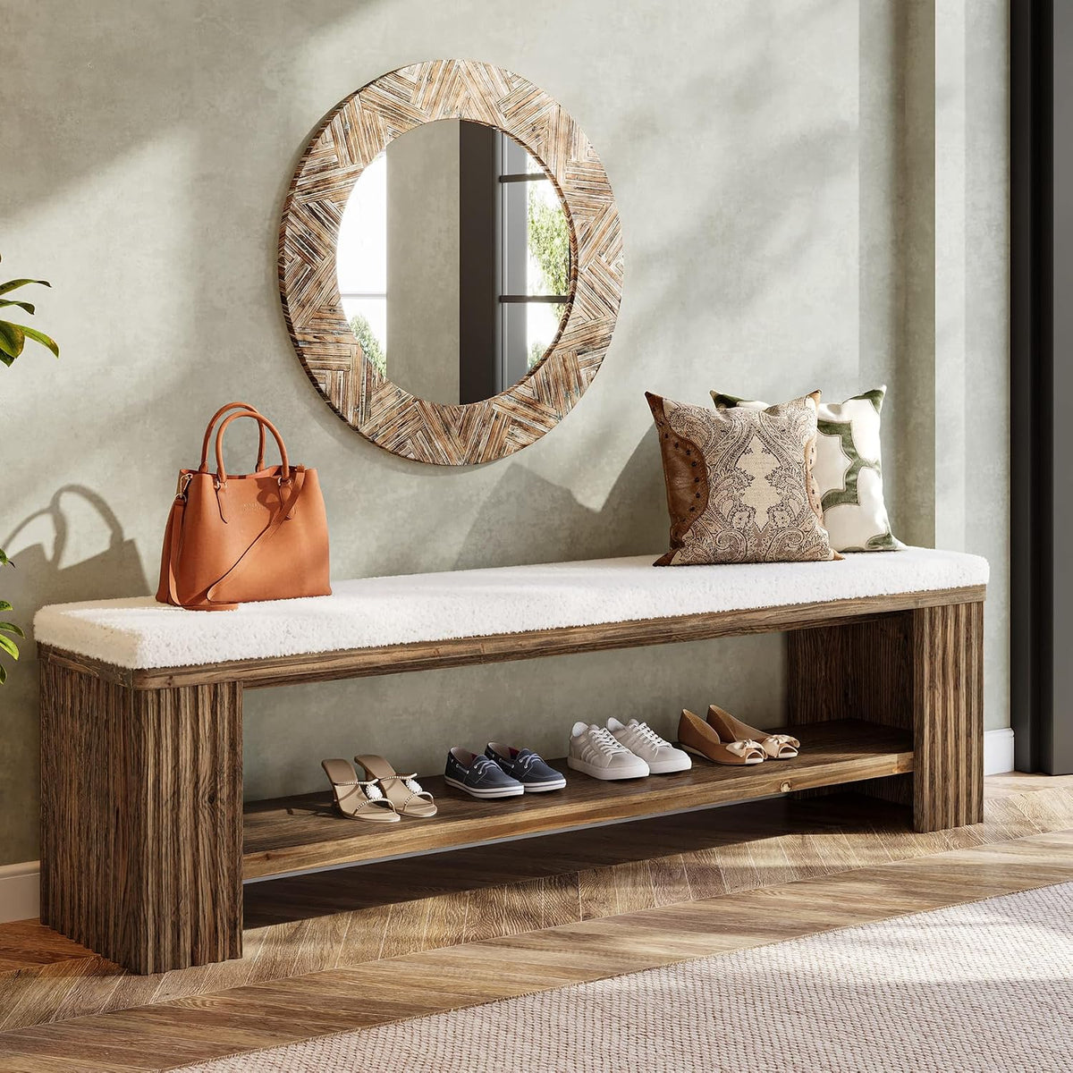 63" Solid Wood Entryway Bench, Farmhouse Upholstered End of Bed Bench with Removable Faux Lambswool Cushion and Fluted Legs, Indoor Long Ottoman for Bedroom, Entryway, Dark Brown