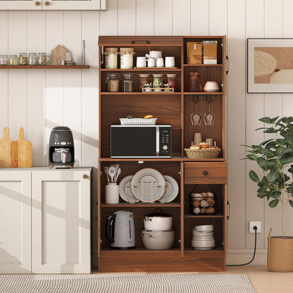 LOKO 66” Tall Pantry with Charging Station, Freestanding Storage Cabinet with Microwave Stand, Wine Glass Holder, Adjustable Shelves, Kitchen Hutch Cabinet for Living Room, Dining Room, Brown