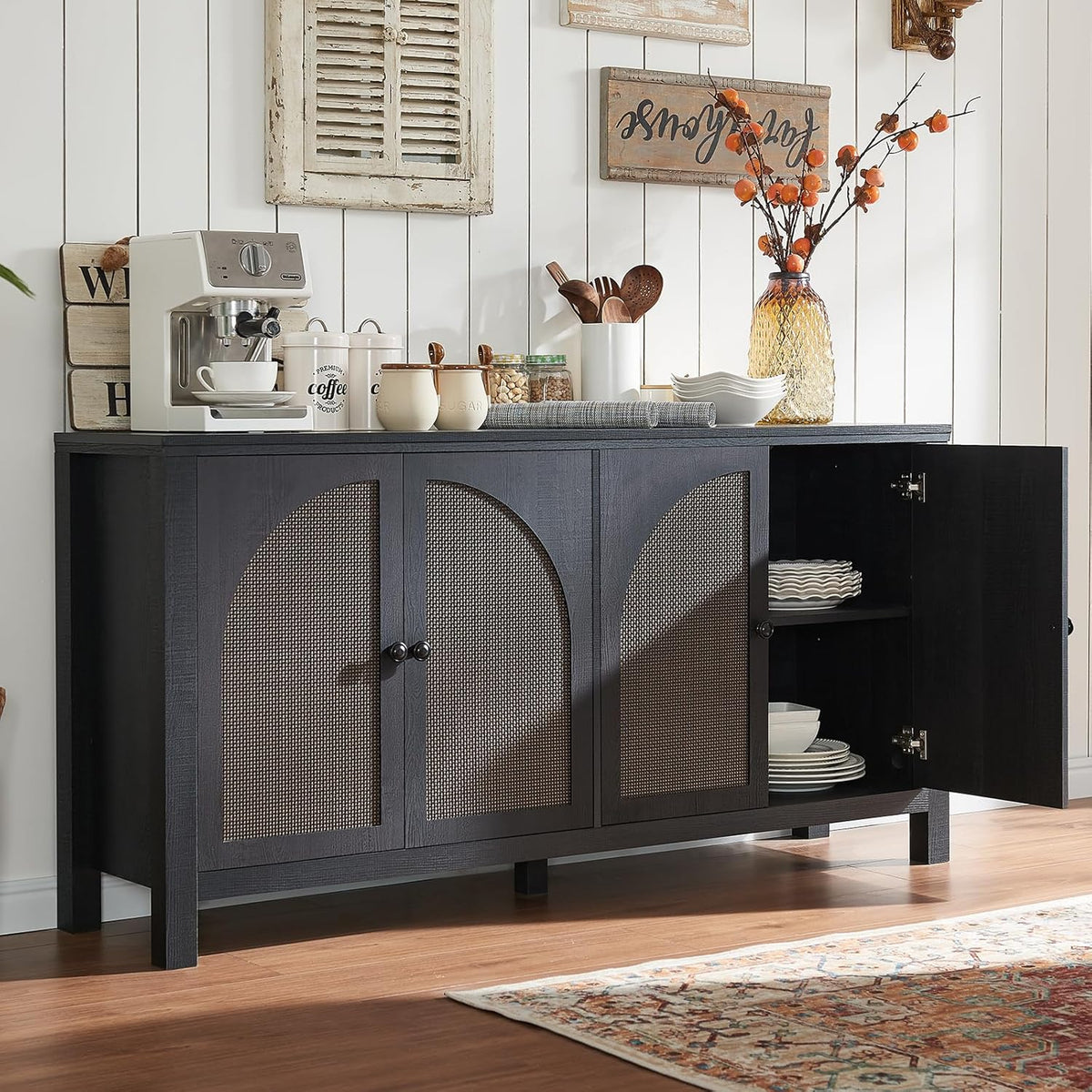 Okvnbjk Sideboard Buffet Cabinet with Storage, 60inch Kitchen Buffet Table with Soft Closing Door Hinges, Rattan Coffee Bar Cabinet for Living Room, Dining Room, Black