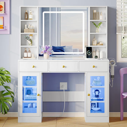 Xixini 43.4" Makeup Vanity Desk with LED Mirror, RGB Glass Cabinets, White