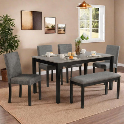 6 Piece Dining Table Set, Counter Height Kitchen Sets, Black | Rectangular Table, 4 Upholstered Backrest Chairs and a Bench, Wood Grain Surface, Modern Dining Room Table Set for 5