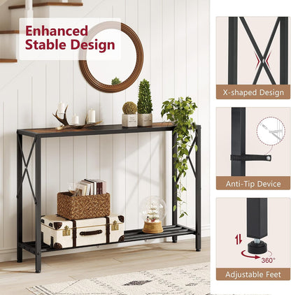 Tajsoon Console Table 41.8”, 2-Tier Industrial Entryway Table, Narrow Entrance Sofa Table with Shelves, Hallway, Living Room, Foyer, Corridor, Office, Rustic Brown and Black