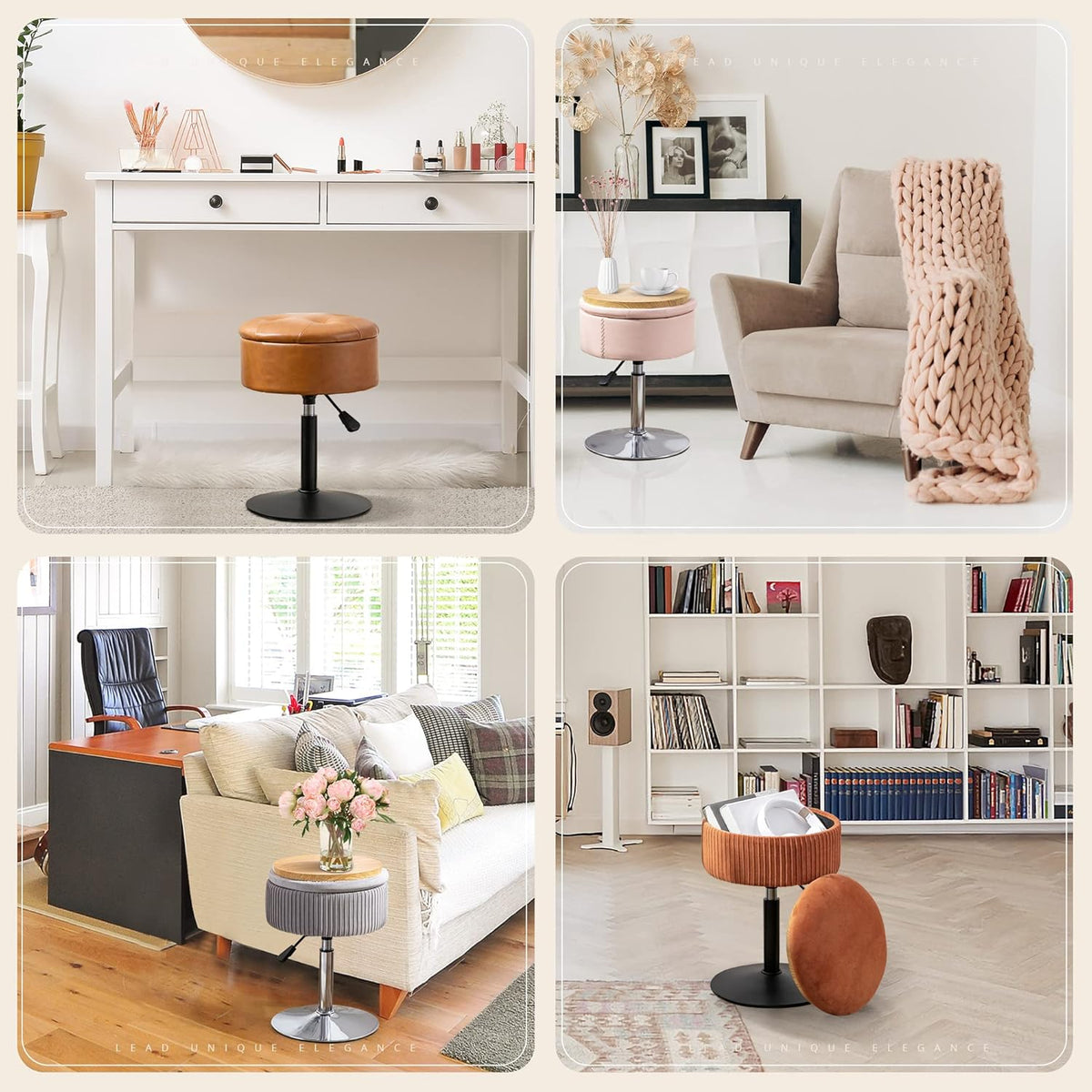 LUE BONA 360°Swivel Vanity Stool Chair for Makeup Room, Height Adjustable Stool for Vanity with Storage, Small Whiskey Brown Faux Leather for Bathroom, Living Room