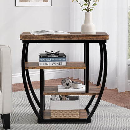 4-Tier End Table with Storage, Narrow Side Table for Living Room, Wood Sofa Side Table with Metal Frame, Industrial Bedside Table and Nightstand for Bedroom, Rustic Brown