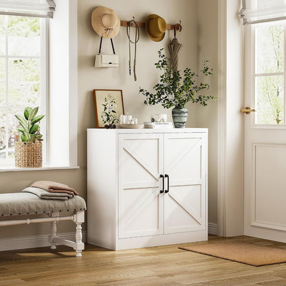 36" Metal Storage Cabinet, Farmhouse Kitchen Storage Cabinet with Doors and 2 Adjustable Shelves, Sideboard Buffet Cabinet,Short Storage Cabinets for Dining/Bathroom/Living/Room,Entryway, White