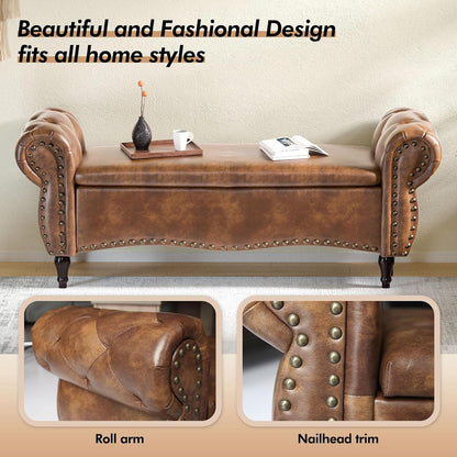 ZZW Storage Ottoman Bench, 51" Length Upholstered End of Bed Storage Bench for Bedroom with Safety Hinge, Tufted Bed Benches with Rolled Arm and Nailhead Trim for Living Room, Entryway Brown