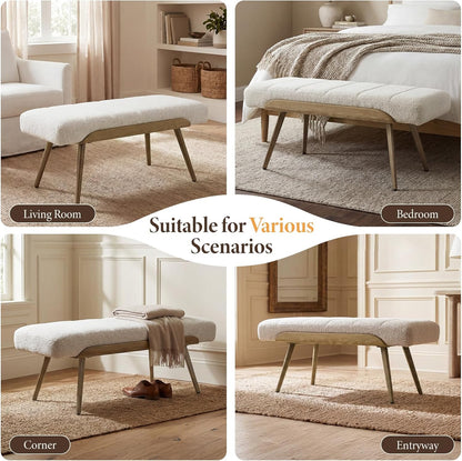 CIMOTA Mid-Century Modern Upholstered Bench, Channel Tufted Boucle Ottoman Bench with Solid Wood Trim and Bronze Metal Legs, 35.5" Accent Bench for Bedroom, Entryway, Living Room, End of Bed, Beige