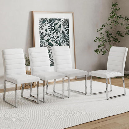 Modern Dining Chairs Set of 4, White Faux Leather Kitchen Chairs, Upholstered Armless Dining Room Chair with Silver Mental Legs Heavy Duty, Comfortable (White Chairs, Set of 4)