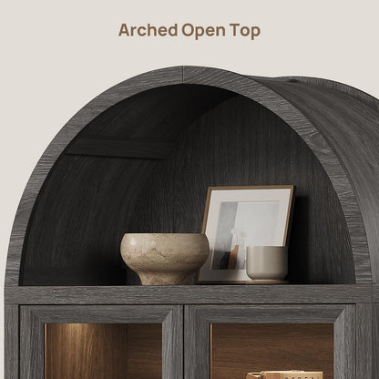 SICOTAS 74" Arched Display Cabinet with Glass Doors Set of 2, Dark Grey Oak