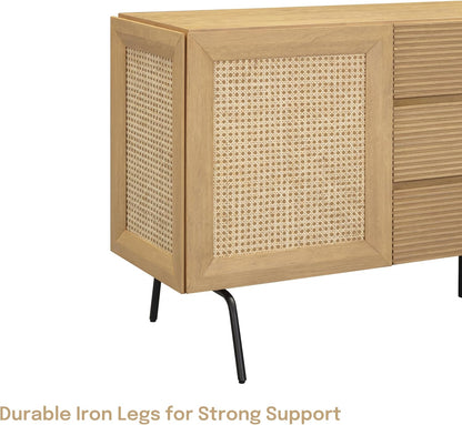 NTC MOSSIC Sideboard with 2 Doors and 3 Drawers, Buffet Cabinet with Natural Rattan and Metal Legs, Modern Storage Cabinet for Living Room, and Hallway, Effortless Assembly, Sand