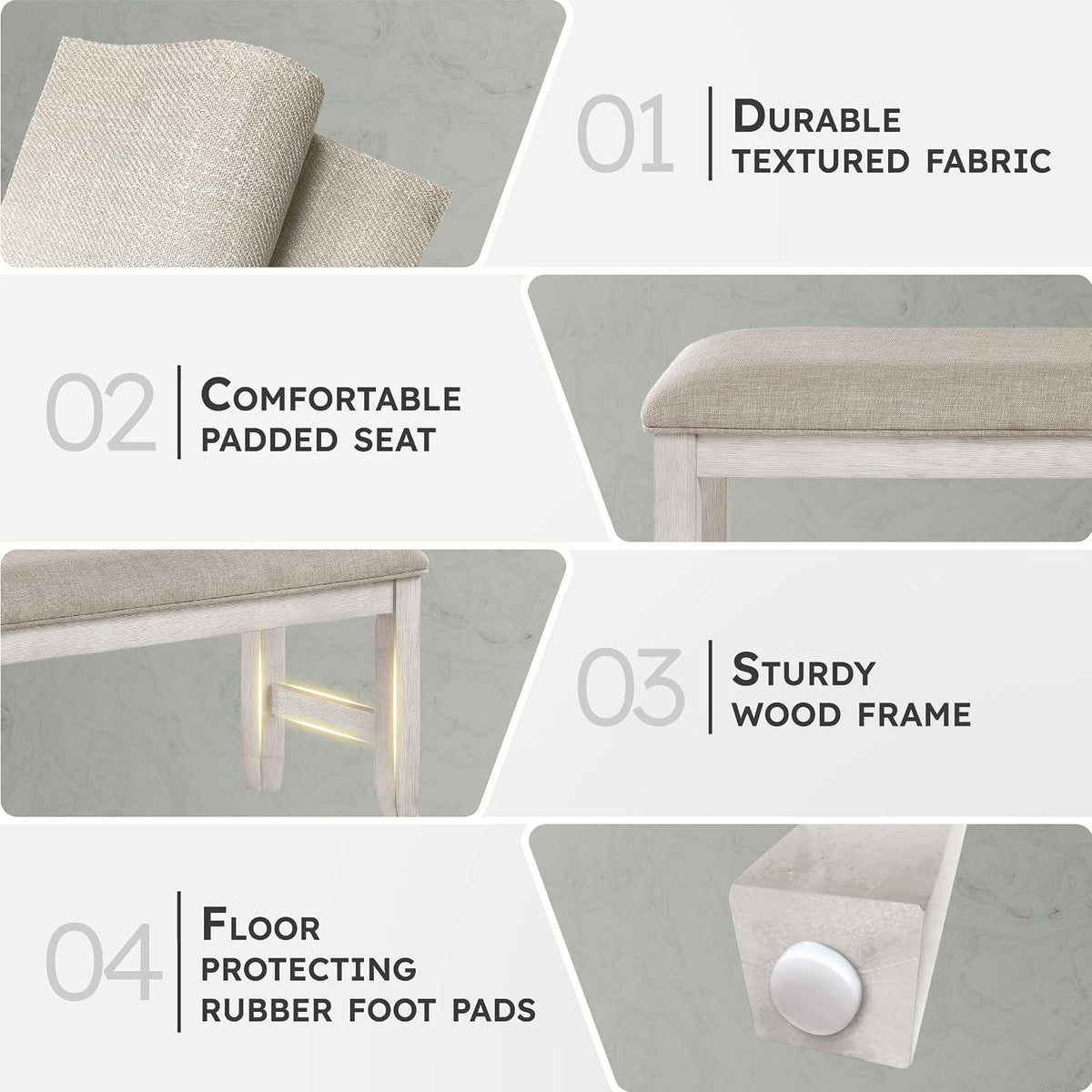 Lexicon Dining Bench with Padded Seat and Wooden Frame, Entryway Bench, Light Gray Textured Fabric Upholstered Dining Seat for Kitchen/Living Room, 19.5" SH, Brushed Antique White
