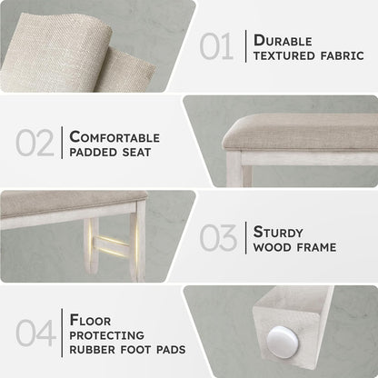Lexicon Dining Bench with Padded Seat and Wooden Frame, Entryway Bench, Light Gray Textured Fabric Upholstered Dining Seat for Kitchen/Living Room, 19.5" SH, Brushed Antique White