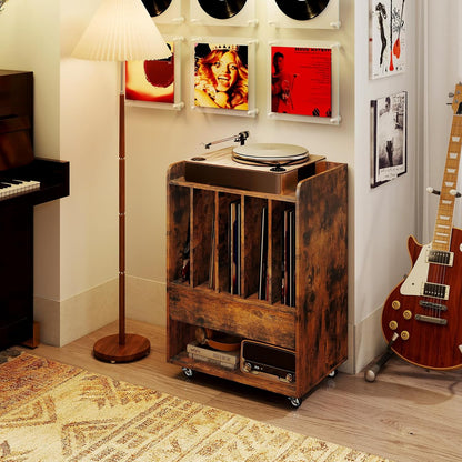 Giantex Record Player Stand, Rolling Turntable Stand with Drawer & Lockable Wheels, Record Player Table Holds Up to 150 Albums, Vinyl Record Storage for Living Room Bedroom, Rustic Brown