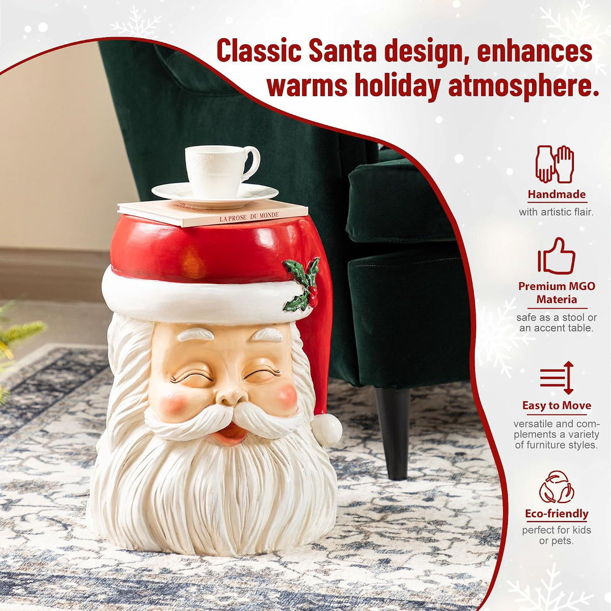 Glitzhome Side Tables Living Room, Round Coffee Accent Table Nightstand, Small Christmas End Table MgO Santa Stool for Bedroom Home Office Dorm Decoration, 16'H
