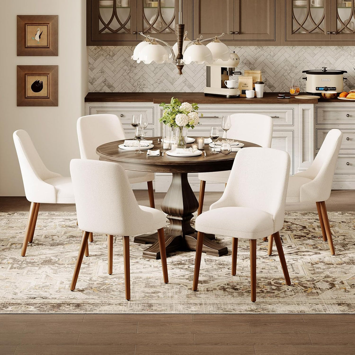 MALOL Dining Room Chair Set of 6, Upholstered Kitchen Chairs with Wood Legs, High-Back Padded Dining Chairs for Dining Room/Restaurant/Cafe, Beige