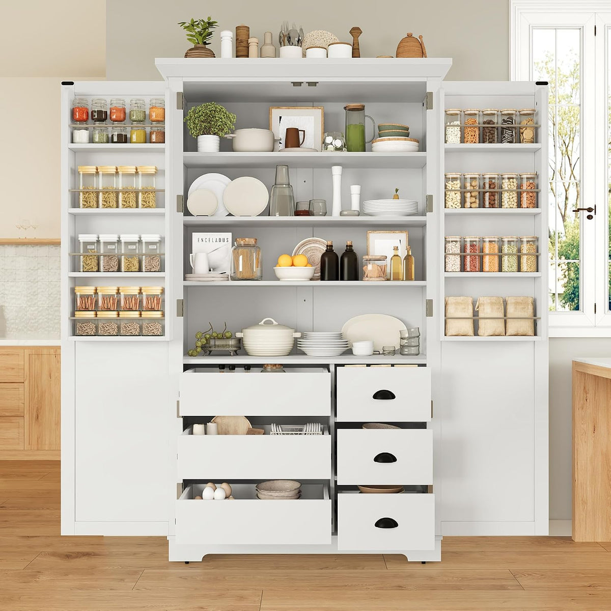 Merax 72" Tall Shaker Style Kitchen Pantry with 3 Drawers, Adjustable Shelves, Wood Cupboard Dining Storage Cabinet with Door Shelves and Pull-Out Trays for Living Room, Kitchen, Dining Room White