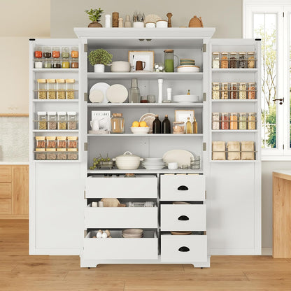 Merax 72" Tall Shaker Style Kitchen Pantry with 3 Drawers, Adjustable Shelves, Wood Cupboard Dining Storage Cabinet with Door Shelves and Pull-Out Trays for Living Room, Kitchen, Dining Room White