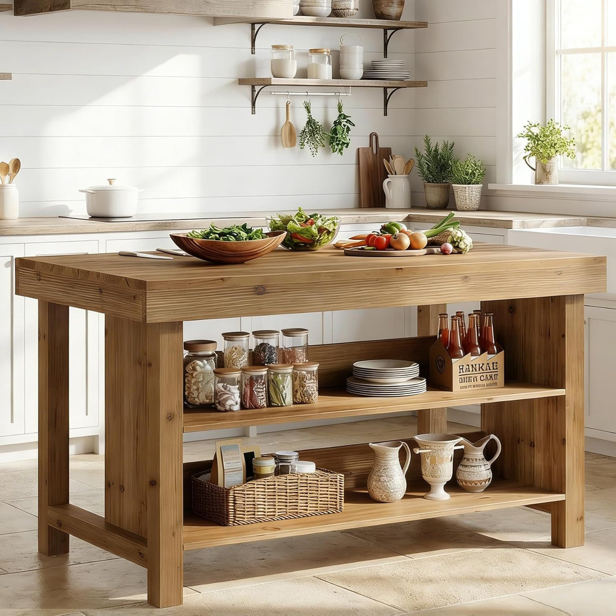 55" Solid Wood Kitchen Island with Storage, Farmhouse Kitchen Island Table with 3-Tier Open Shelves and Large Countertop for Kitchen, Dining & Living Room, Natural Oak