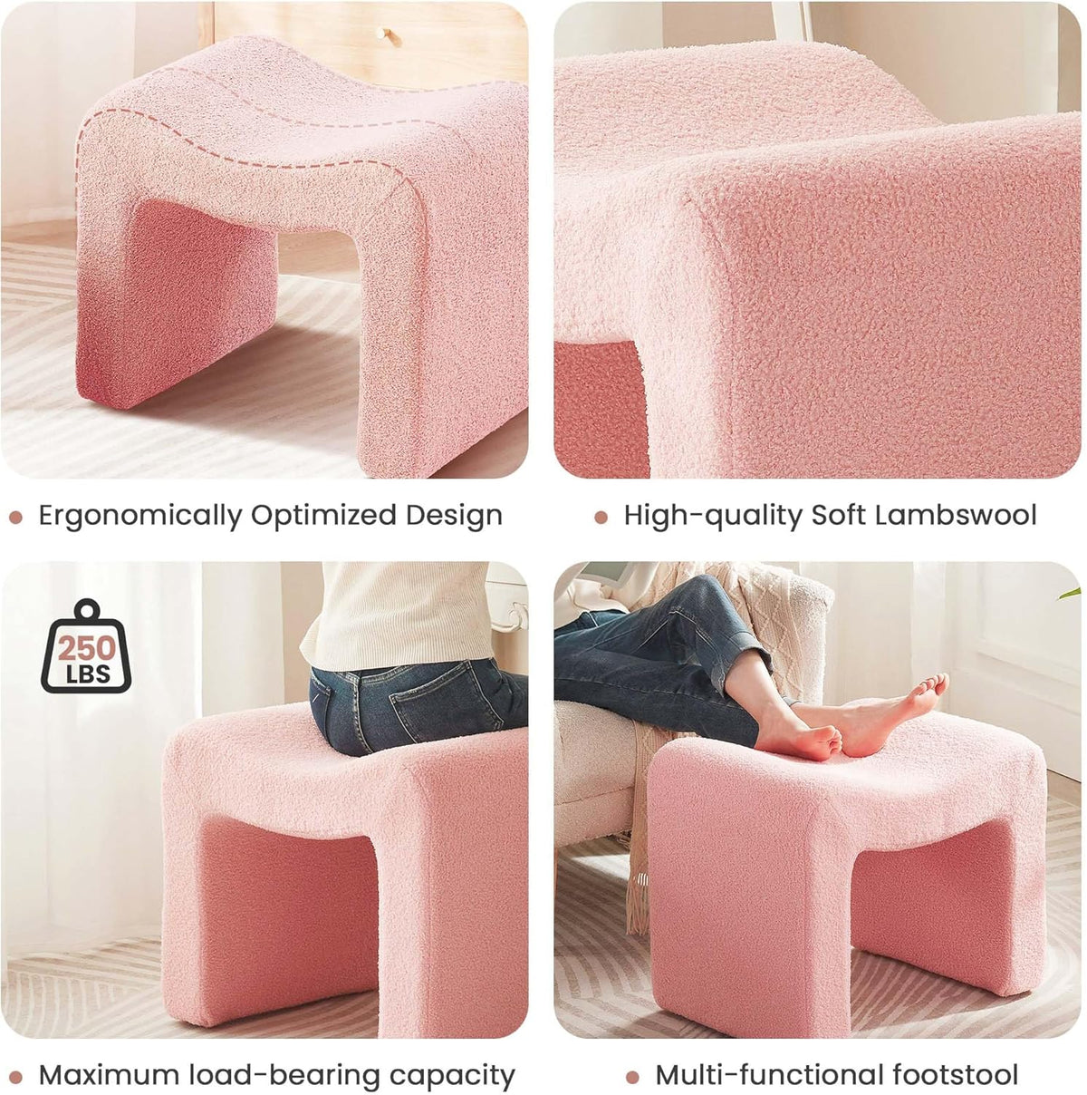 Vanity Stool Foot Rest Small Footstool Ottoman Chair Seating Backless Modern Teddy Velvet Ottoman for Makeup Room Living Room Bedroom Entryway,(Single 1) Pink
