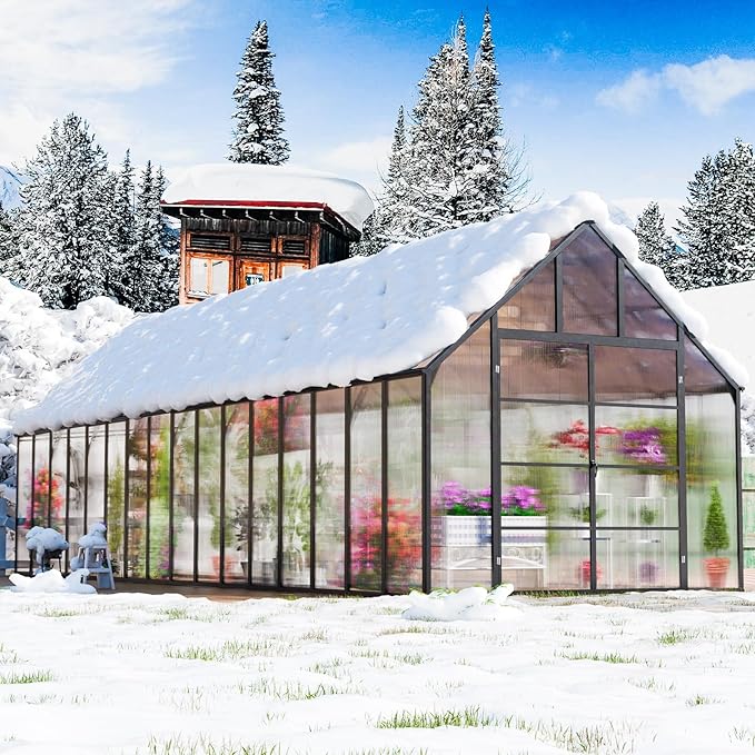 CDCASA 10x32 FT Greenhouse for Outdoors,Large Easy Assembly Thicker Aluminum Polycarbonate Greenhouses w/7 Windows, Double Door, Walk-in Green House for Outside,Patio,Backyard,Garden