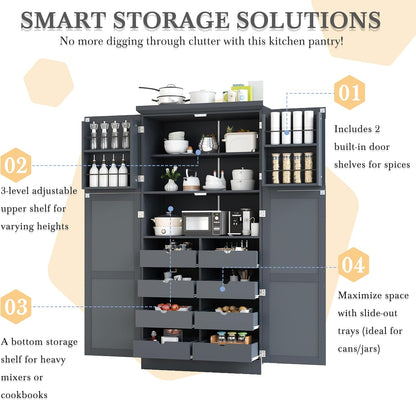71" Tall Kitchen Pantry Cabinet, Freestanding Food Storage Pantry with 4 Doors, 8 Pull-Out Trays and Adjustable Shelves, Wood Storage Cupboard for Kitchen, Dining Room,Gray
