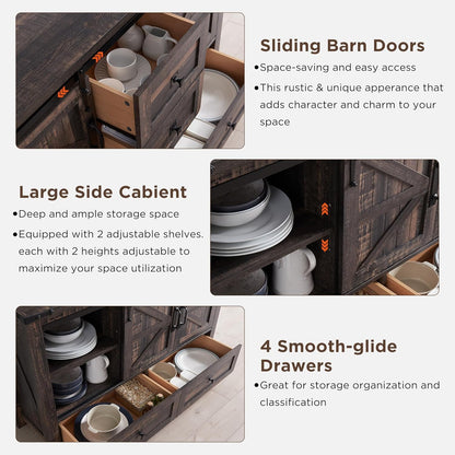T4TREAM Farmhouse Sideboard Buffet Cabinet with Storage, 31.2'' Tall Kitchen Cabinet with 2 Sliding Barn Doors and 4 Drawers, Rustic Wood Coffee Bar Table for Dining Room, Dark Rustic Oak
