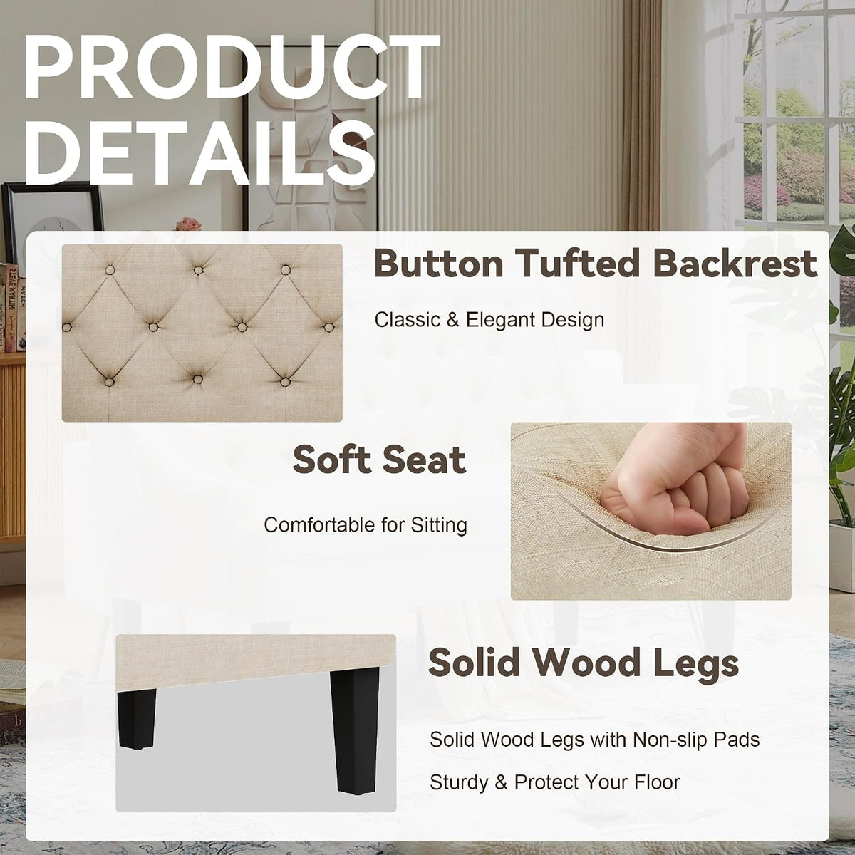 Settee Bench with Back Small Loveseat for Dining Room Living Room Entryway Modern Upholstered Banquette Button Tufted Mini Couch with Wood Legs Cream