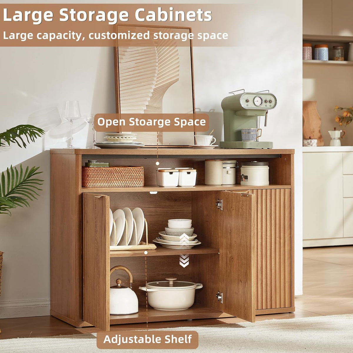 LEYAOYAO Fluted Buffet Cabinet with Storage, 45" Wide Modern Sideboard Credenza with 3 Doors & Open Storage Shelf, Wood Kitchen Console Accent Cabinets, Coffee Bar Table for Dining Room, Tea Brown